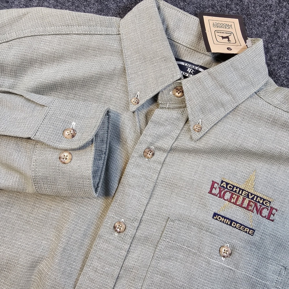 John Deere Button Down Shirt Mens Medium Three Rivers Embroidered Logo Licensed